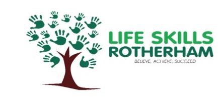 Life Skills Rotherham logo. Tree design with hand prints as leaves and branches. next to the tree it states "Life Skills Rotherham: Believe, Achieve, Succeed"