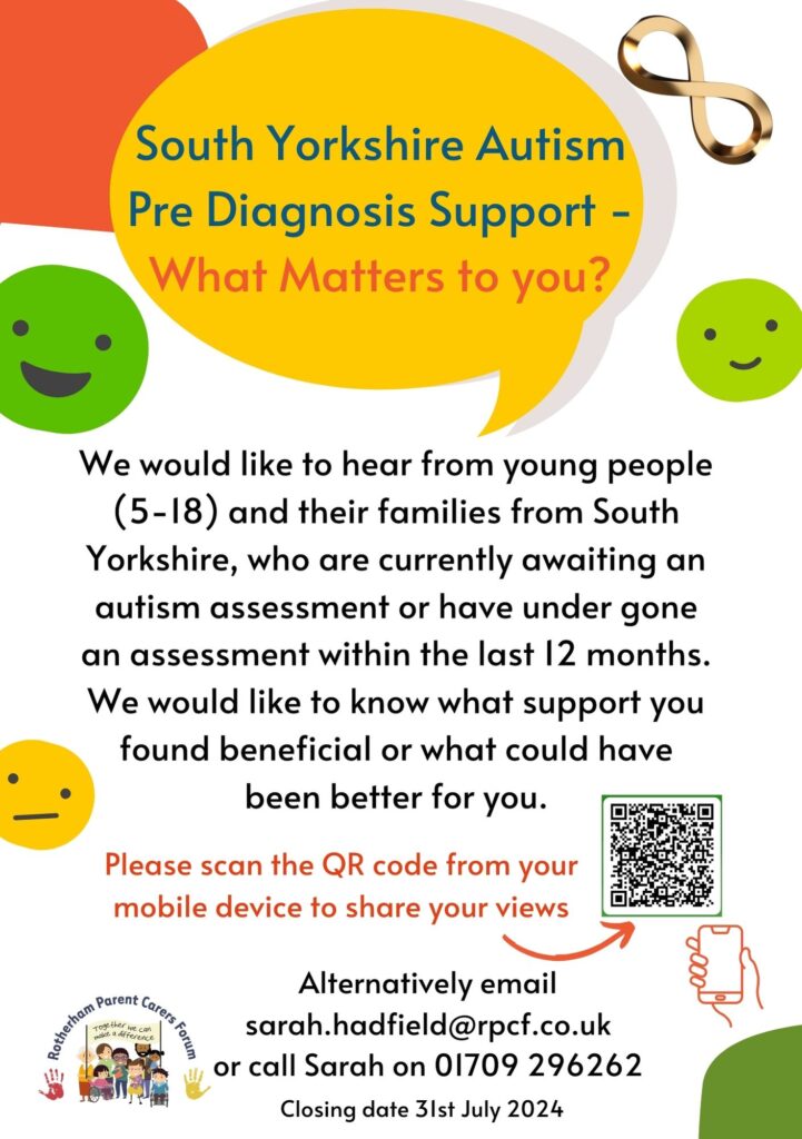 A5 flyer about a consultation on Autism Pre-diagnosis support in South Yorkshire